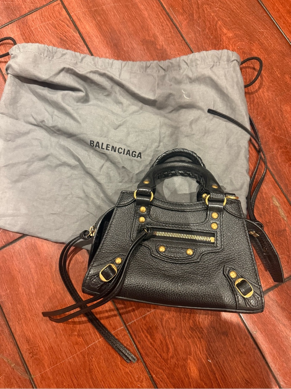 Balenciaga Black Leather Mini City Bag with Gold Hardware